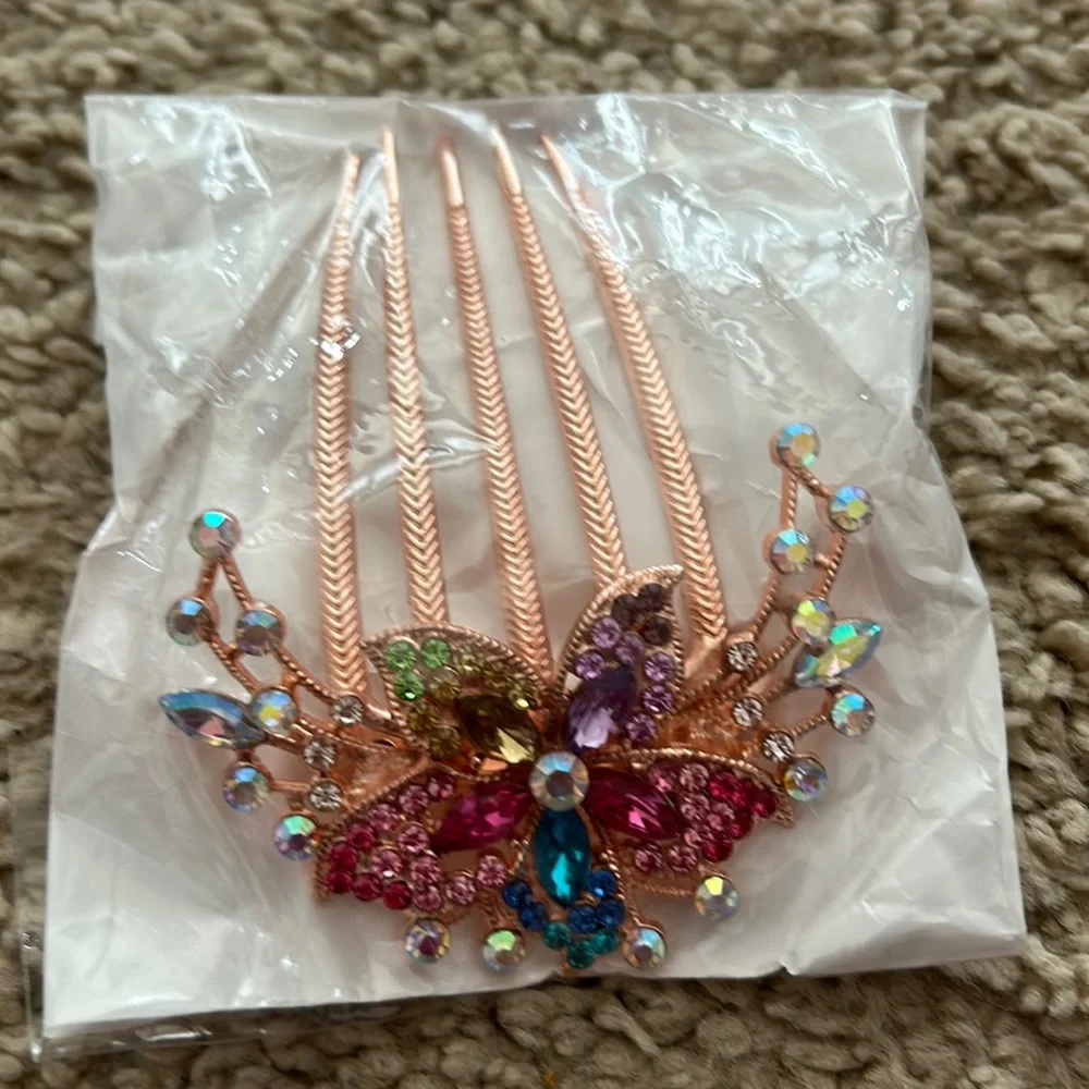 Hair Barette comb Rose Golden crystal rhinestone flower